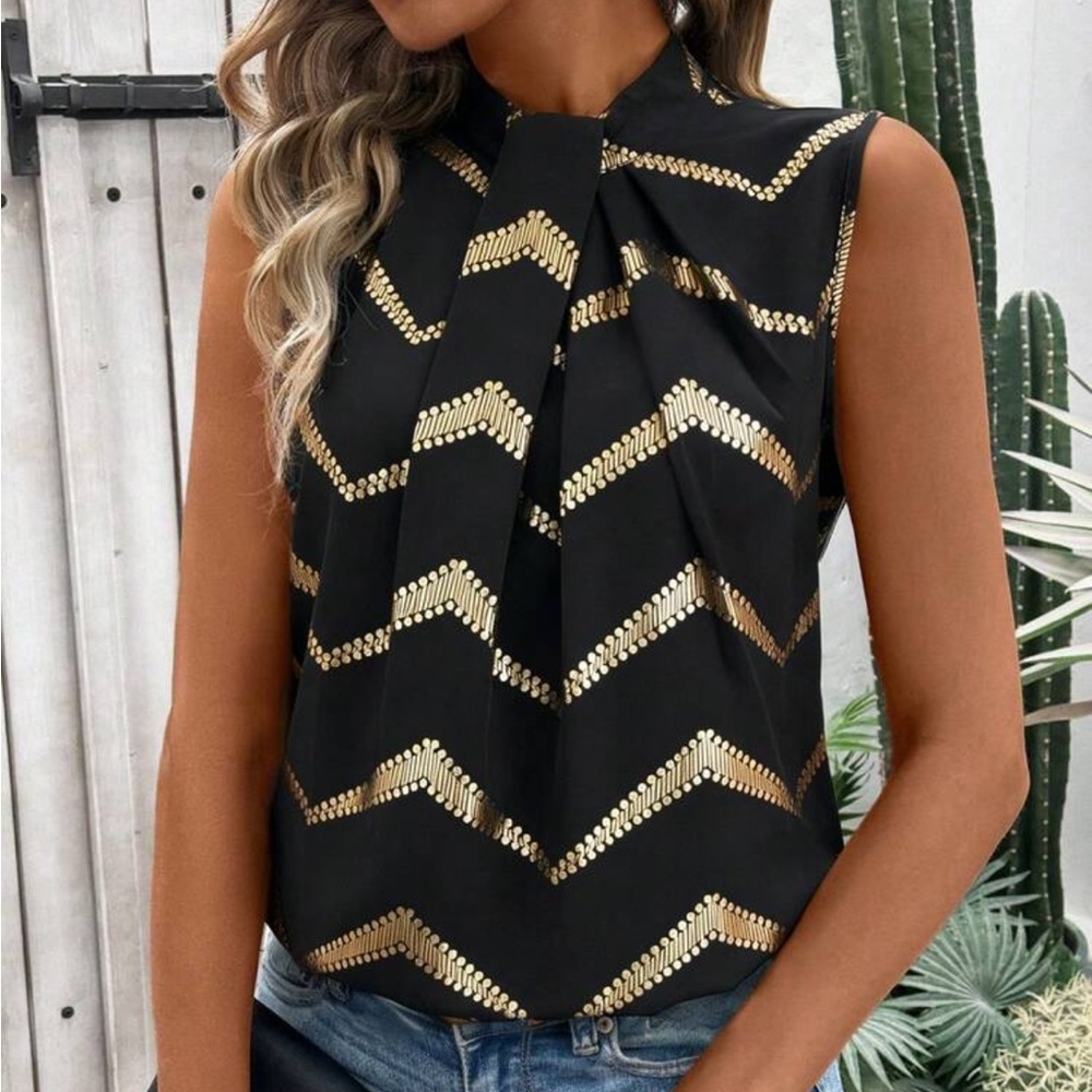 Sleeveless Black Top with Gold Chevron Accent